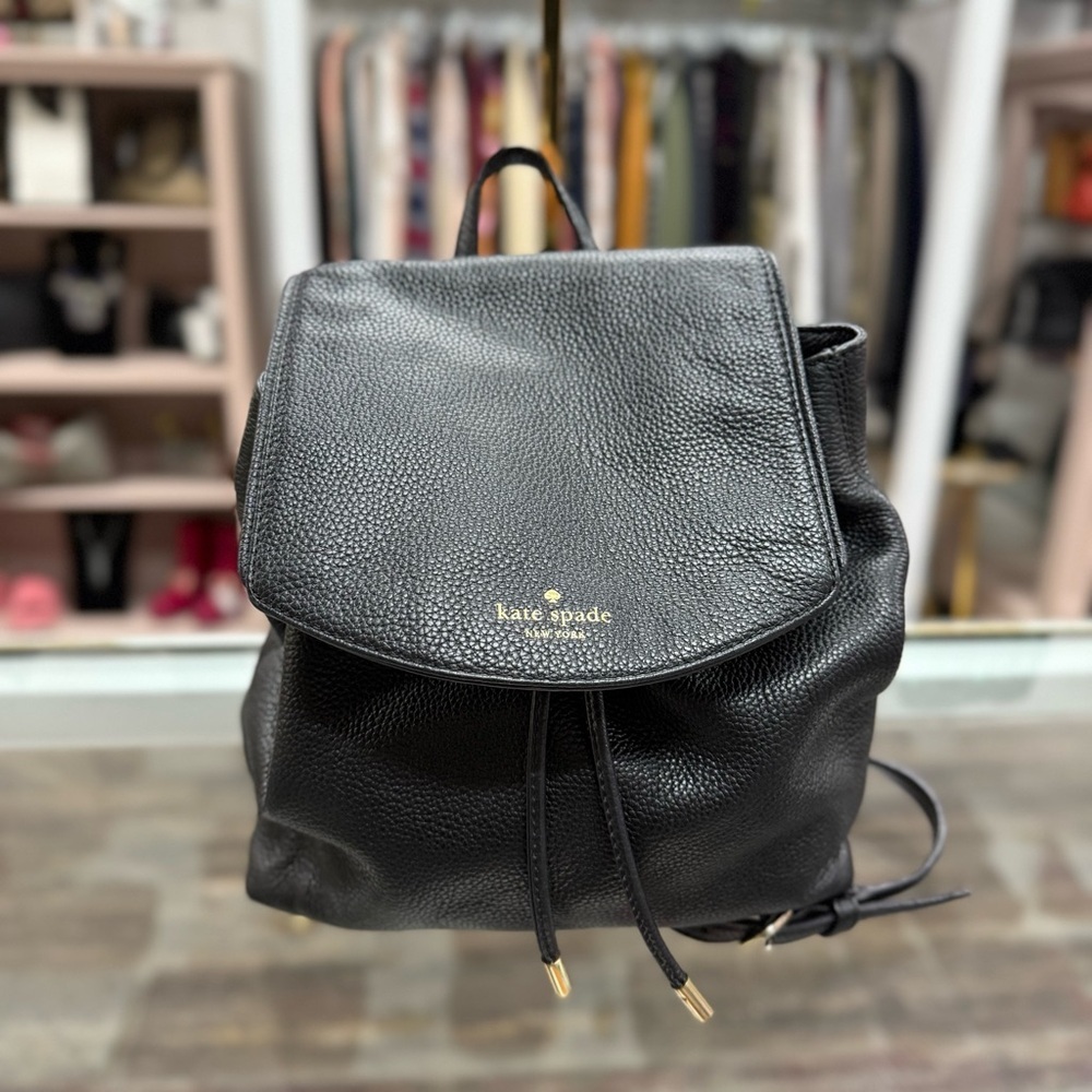 Kate Spade Pebbled Leather Drawstring Backpack Black Bag